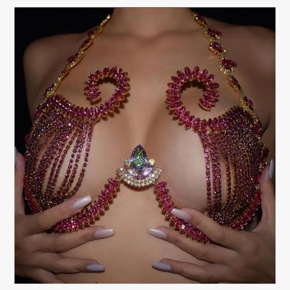 Dresses & Skirts - Pink Rhinestone crystal bra top chain harness metallic bikini rave festival